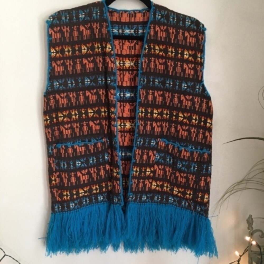 Southwestern Turquoise Fringe Vest Horses Pockets